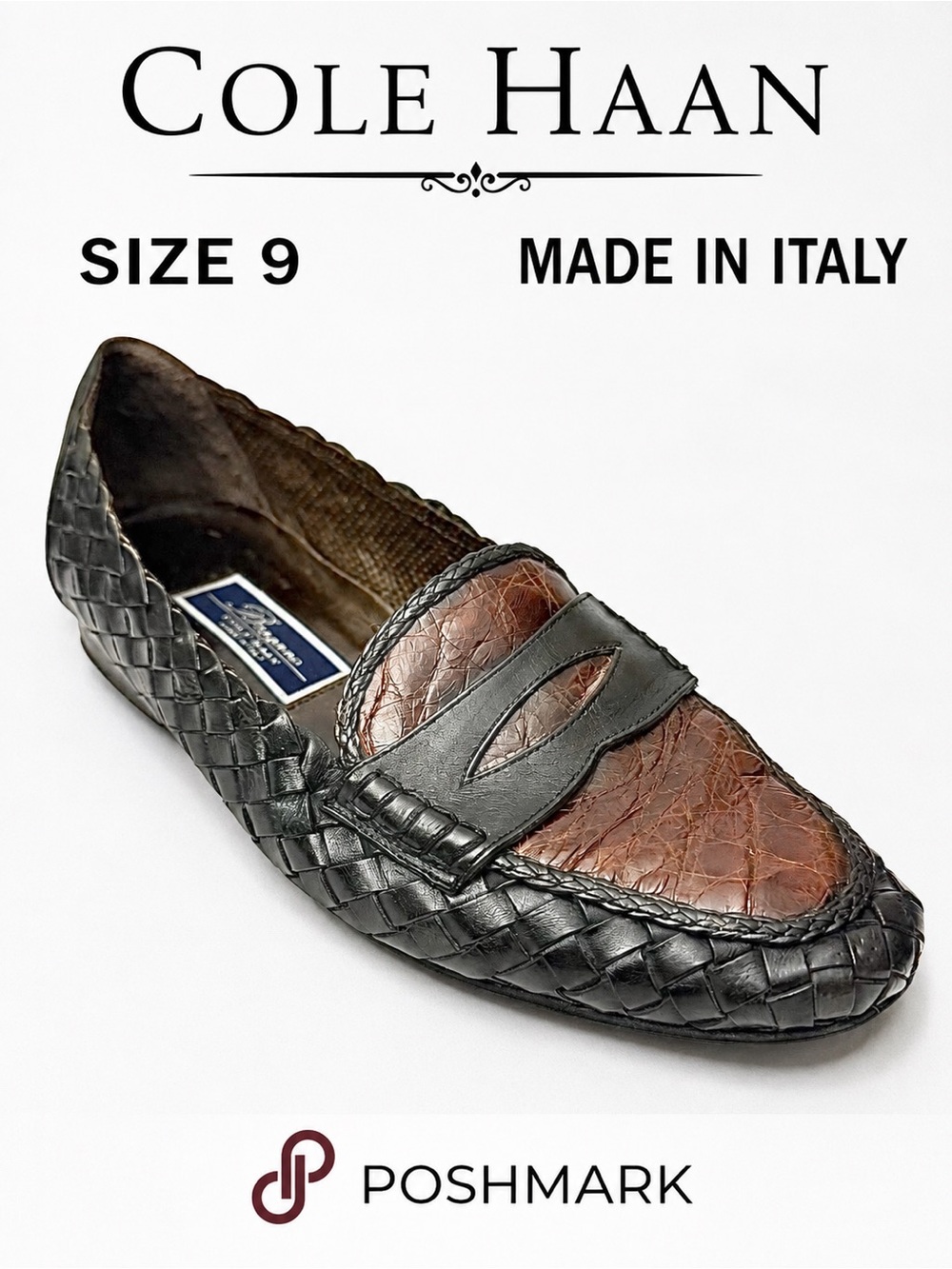 Cole Haan Bragano Black Brown Woven Croc Embossed Loafers Men’s 9M